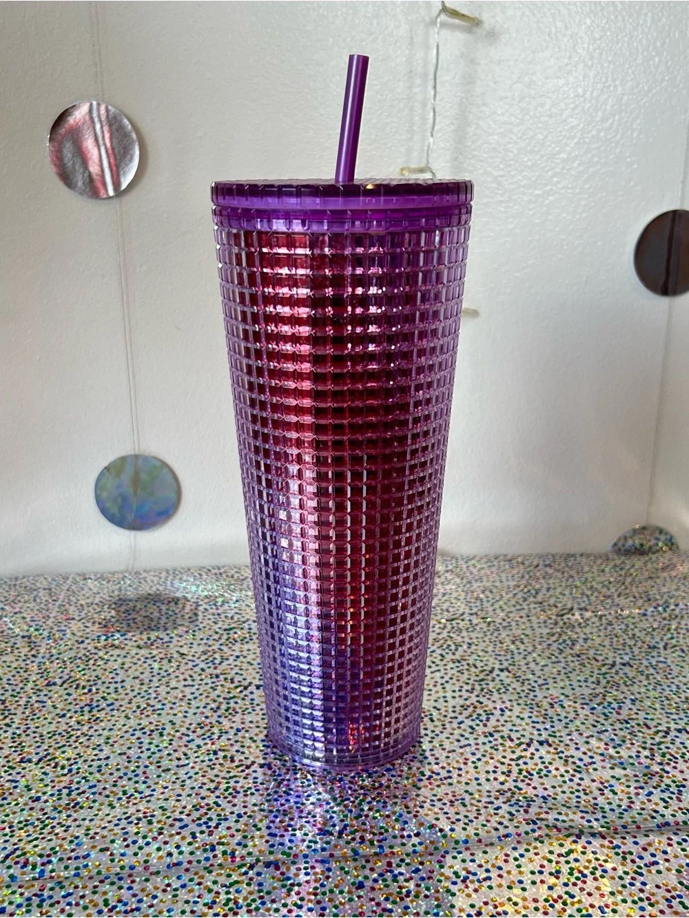 NWT Starbucks Venti Grid Tumbler Ombre Iridescent 24oz Iced Coffee Tea Purple